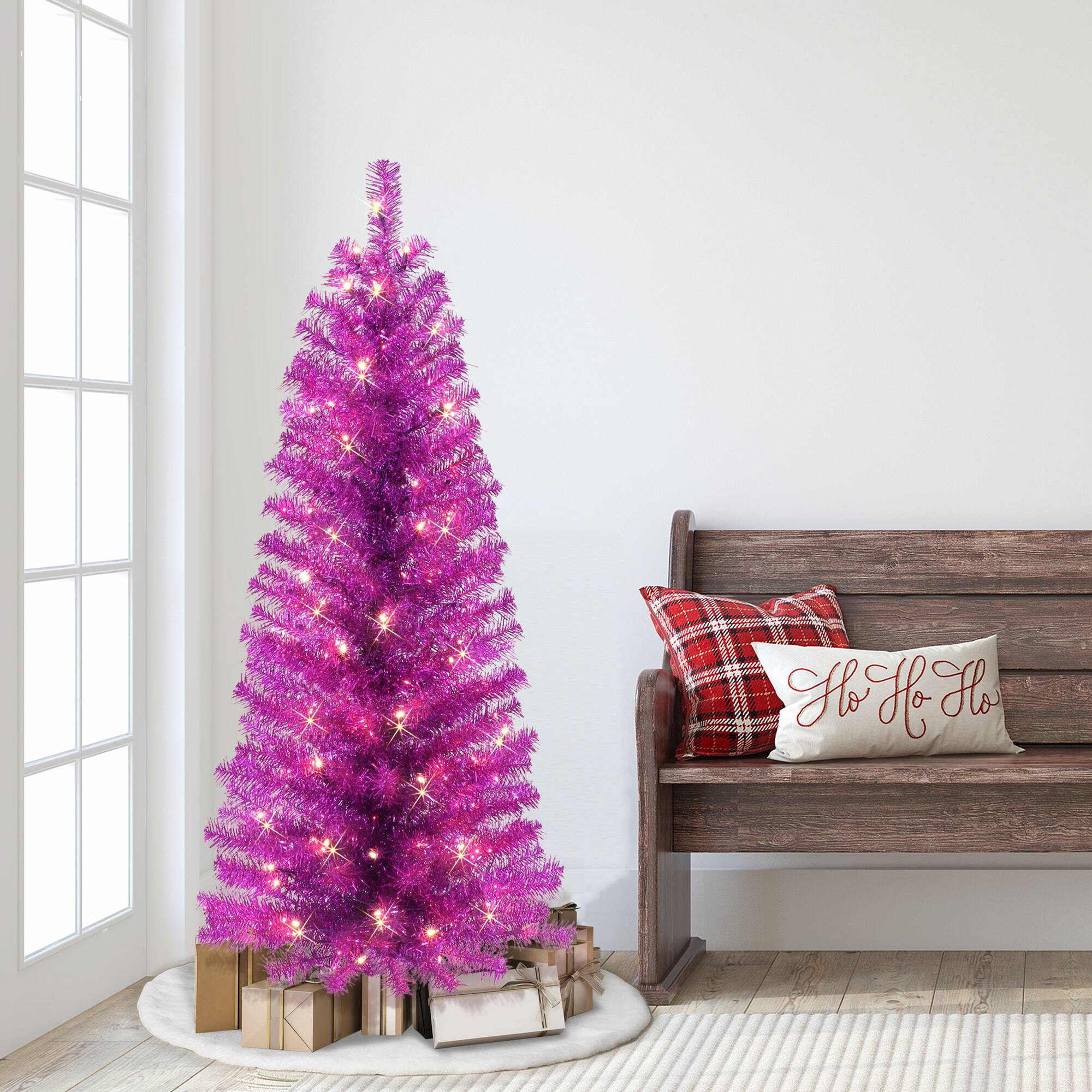 4.5ft. Pre-Lit Purple Tinsel Artificial Christmas Tree, Clear Lights